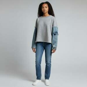 Women’s Boutique Grey Fleece & Denim Sleeve Crop Utility Top Edgy Size M